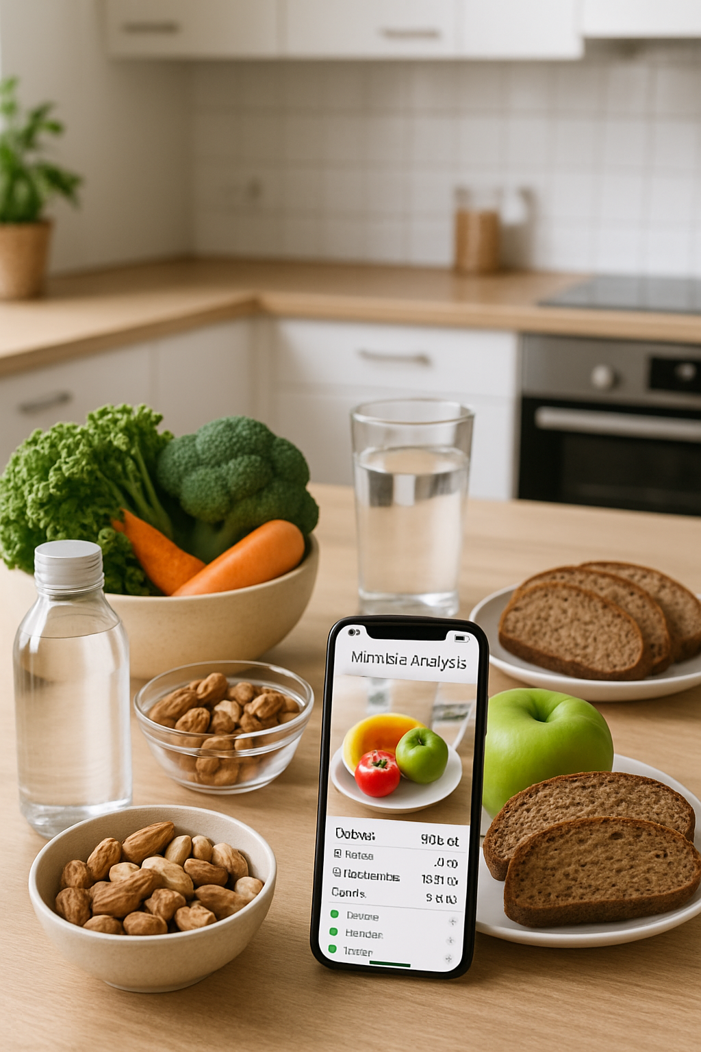 A smartphone displaying the SnapEat AI food tracker app, analyzing a photo of a healthy meal with salmon and vegetables.