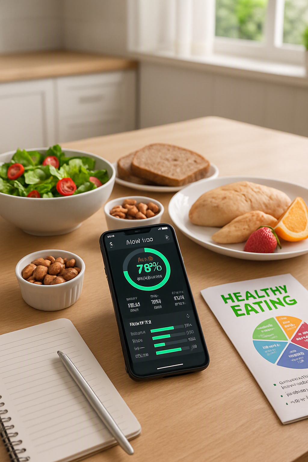 A smartphone running the SnapEat AI nutrition coach app, analyzing a photo of a healthy meal.