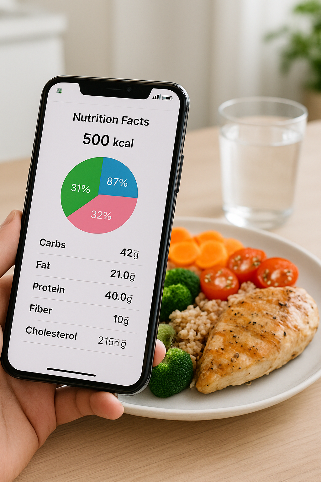 User's hands holding a smartphone with the SnapEat AI food tracking app, analyzing a bowl of salad using AI.