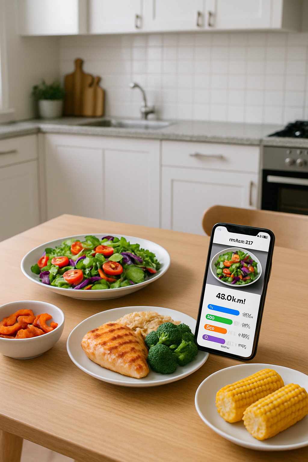 Smartphone showing the SnapEat AI app analyzing a photo of a meal to provide an instant calorie and macronutrient breakdown.