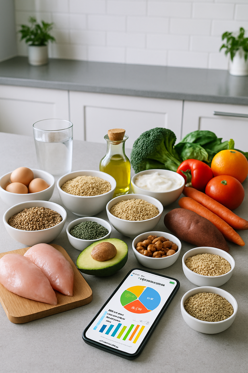 A plate of healthy athlete-focused food including salmon and vegetables next to a phone showing the SnapEat AI app