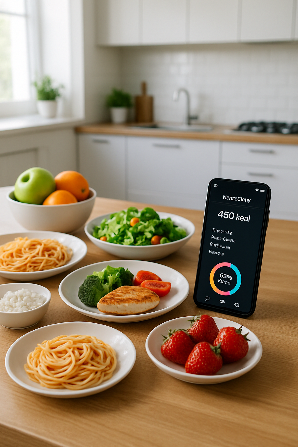 A mobile device showing Smart Photo Coach app analyzing a meal photo with salmon and veggies to track nutrition.