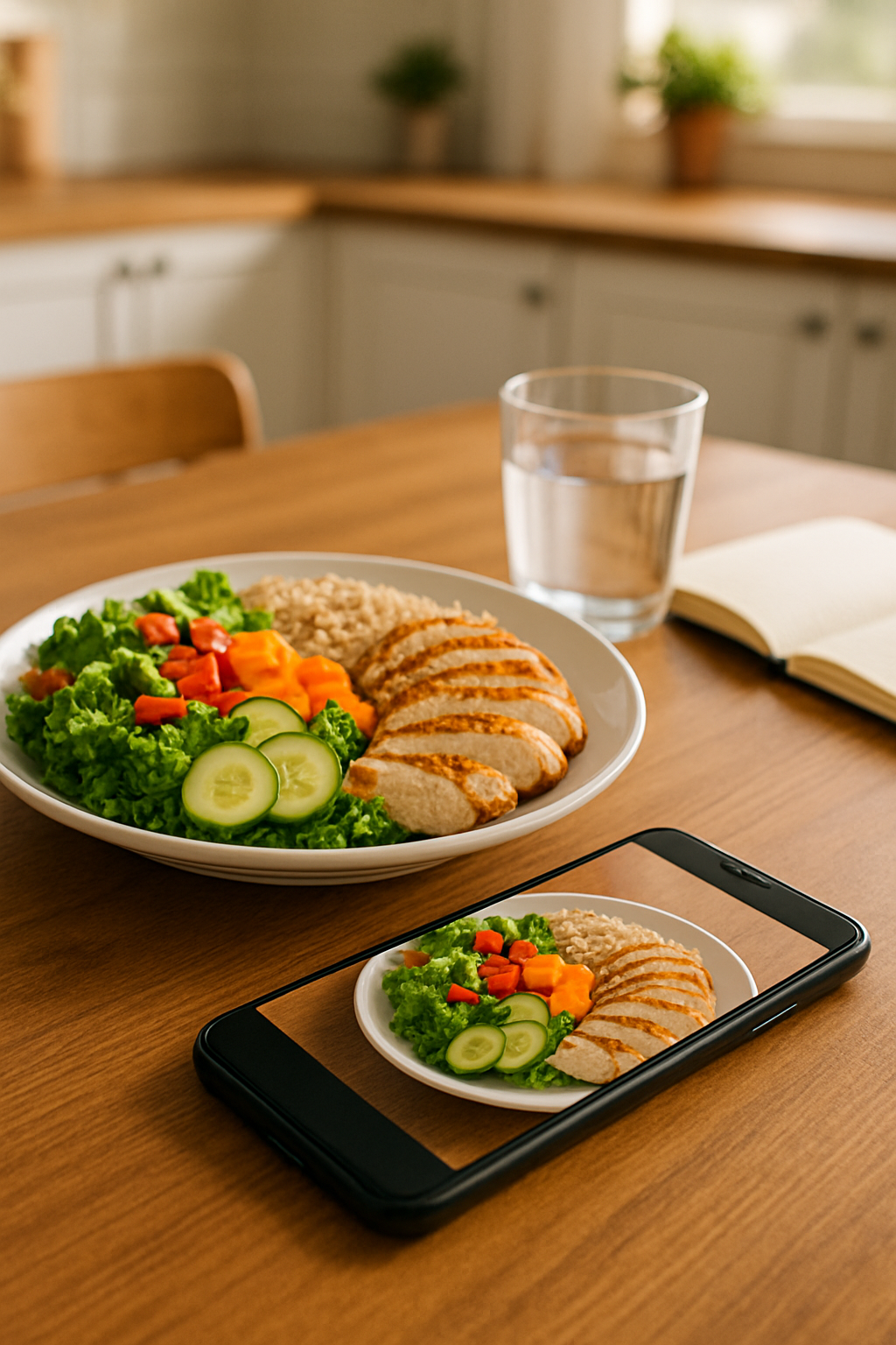 A smartphone displaying the SnapEat AI meal tracking app interface, showing a photo of a healthy meal with its nutritional data.