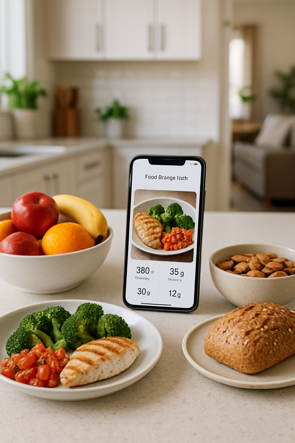 A happy mother using the SnapEat AI nutrition tracker on her phone, demonstrating an easy way to track food for wellness.