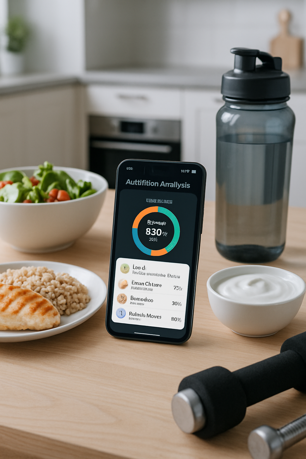 Smartphone showing the SnapEat AI nutrition coach app interface with a meal being analyzed by photo