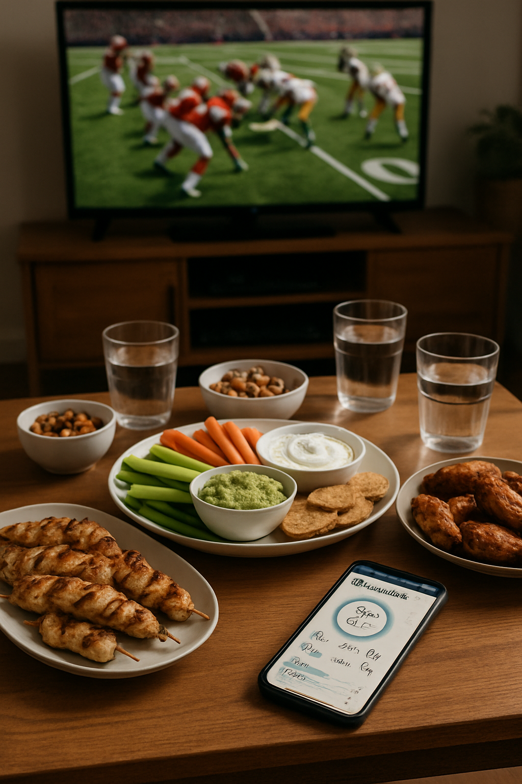 A healthy game day food spread with baked wings and veggie sticks, with a phone showing the SnapEat AI nutrition coach app.