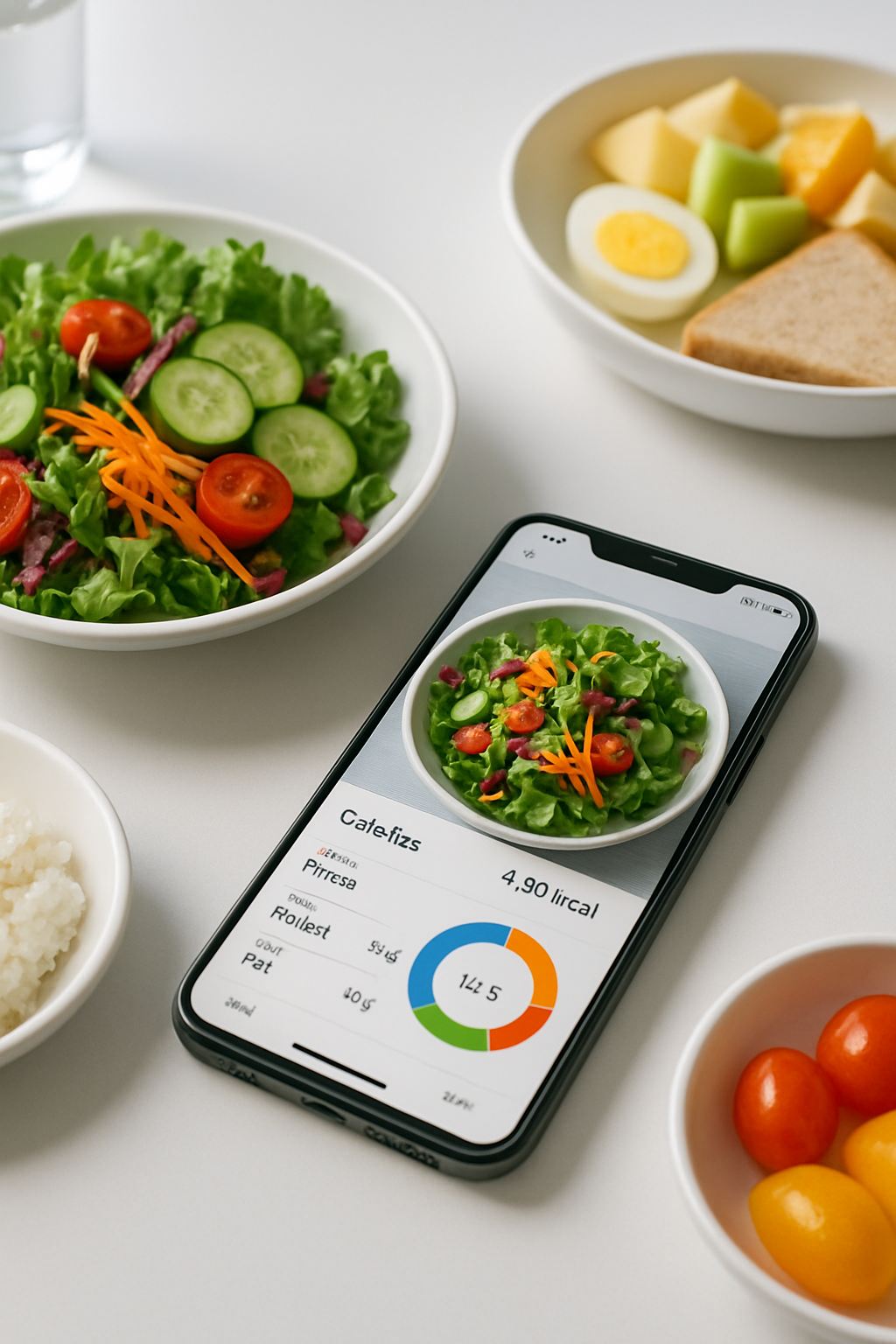 A smartphone screen showing SnapEat AI nutrition tracker analyzing a meal photo with salmon and vegetables.