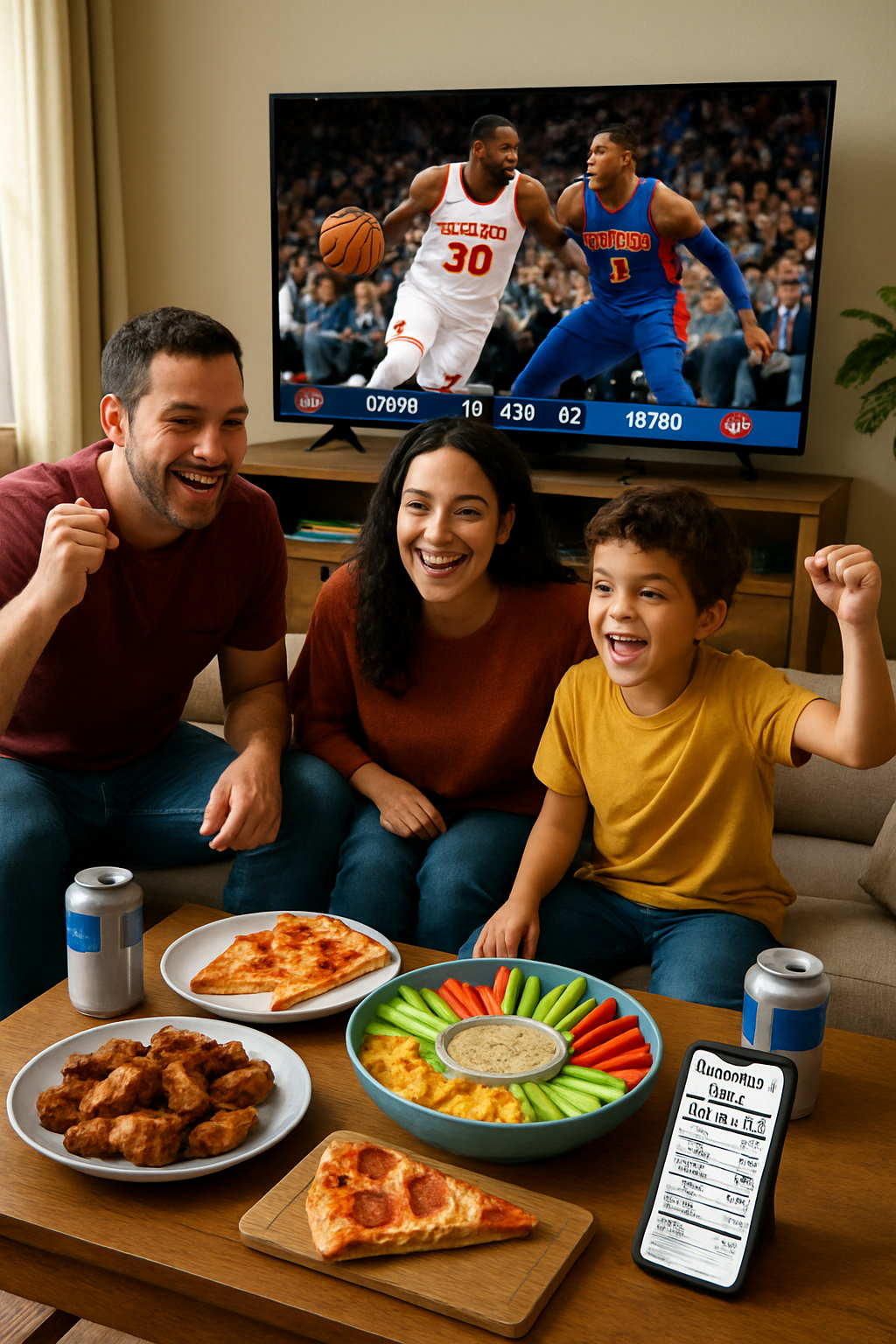 A smartphone using the SnapEat AI app to scan and track the calories in a plate of game day food including chicken wings and beer.