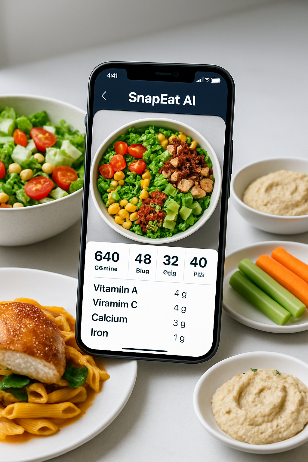 Smartphone screen showing the SnapEat AI app interface, which has successfully identified a bowl of salad from a photo for meal tracking.