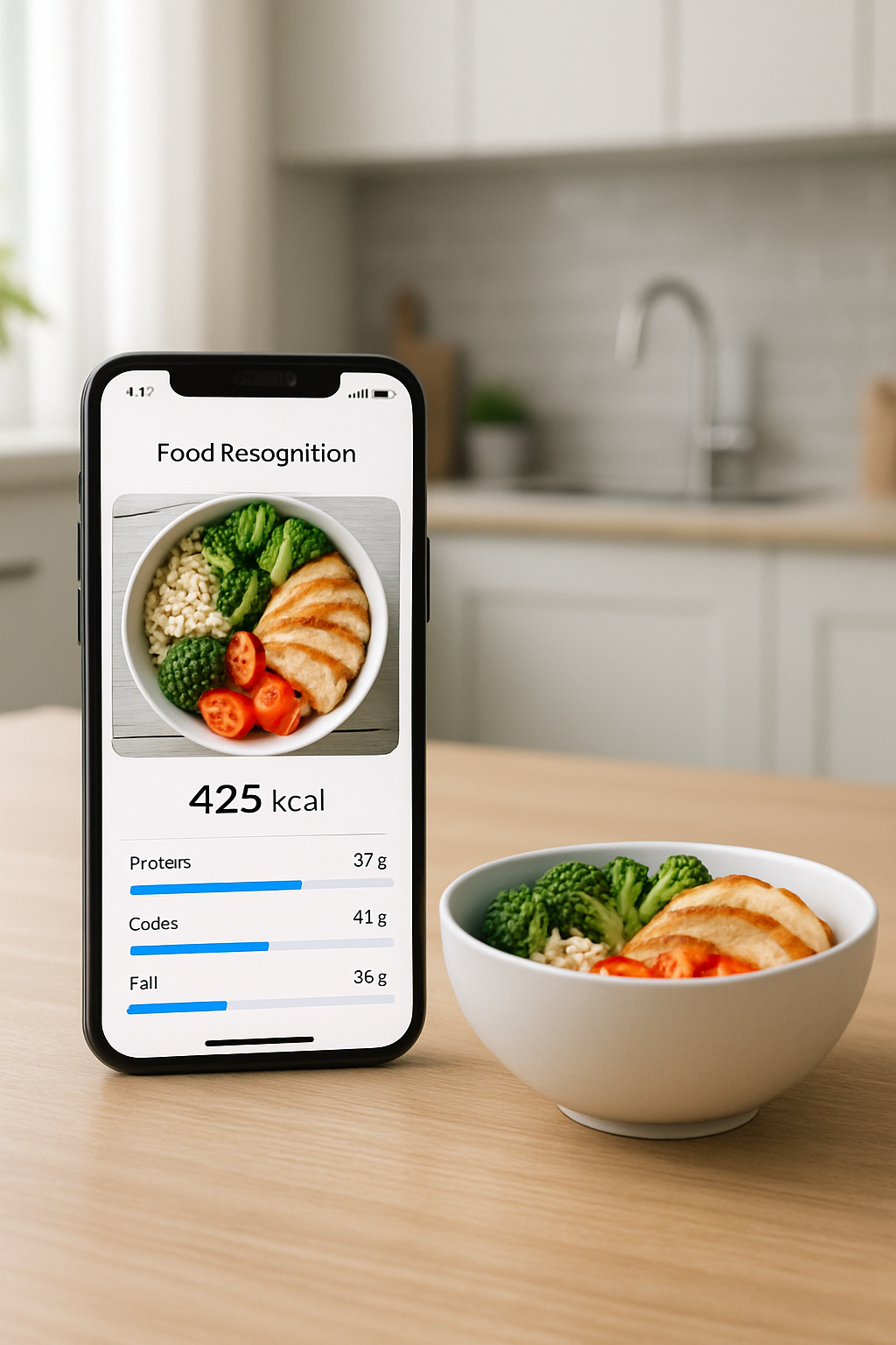 A smartphone using the SnapEat AI food recognition app to scan a healthy meal for instant calorie tracking.