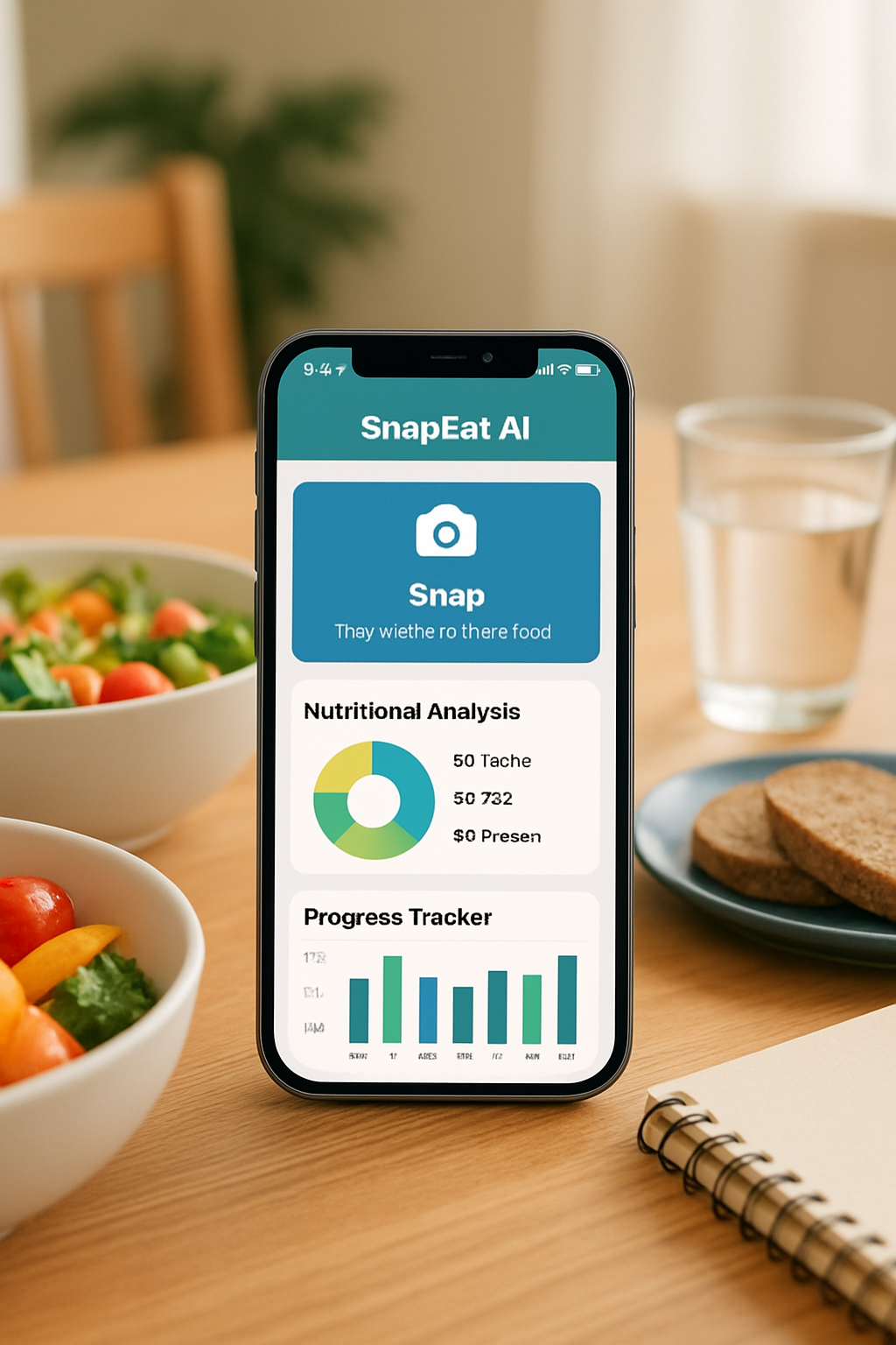 A person starting their wellness journey by using the SnapEat AI smart calorie counter on their phone to snap a picture of a healthy meal.
