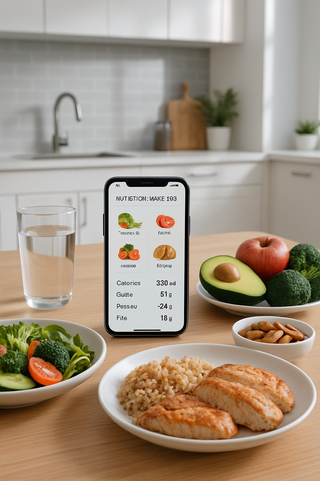 A smartphone running the SnapEat AI app, using its camera to analyze a healthy meal on a plate for smart calorie counting.