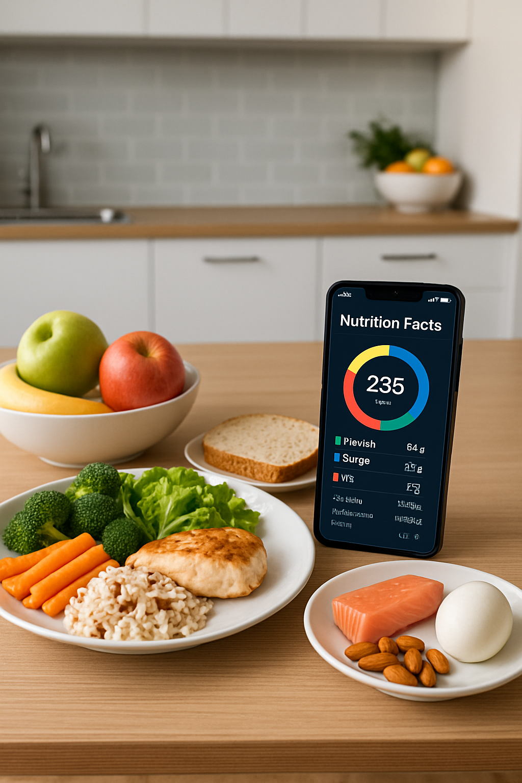 Smartphone showing the SnapEat AI food coach app analyzing a photo of a healthy meal, demonstrating smart nutrition tracking.