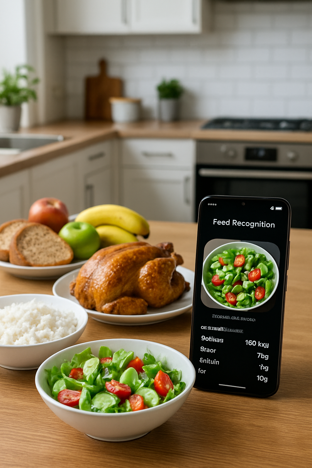 A smartphone displaying the SnapEat AI app interface, which has recognized a healthy meal of salmon, broccoli, and rice from a photo.
