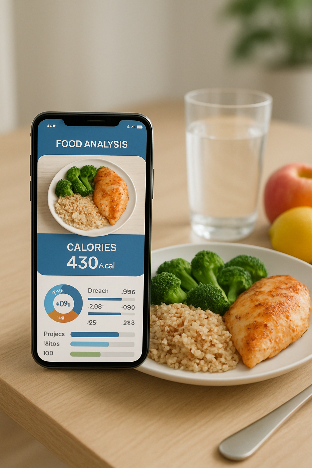 Smartphone using SnapEat AI food tracking app to analyze the nutrition of a meal by taking a photo.