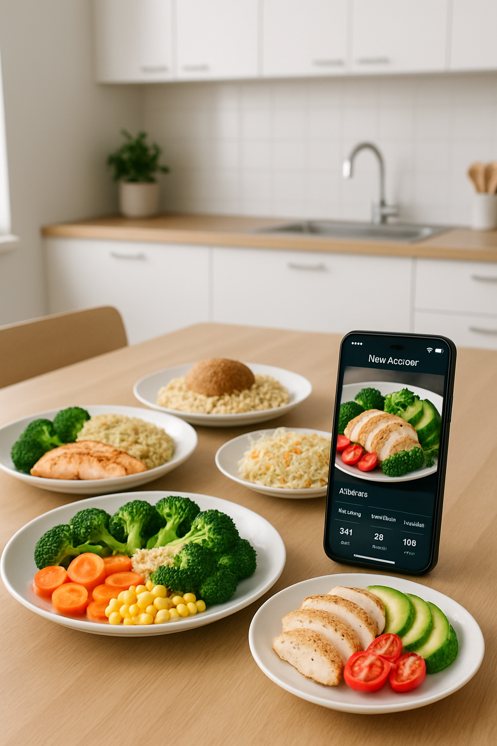 Smartphone showing FoodCoach AI analyzing a photo of a salad meal