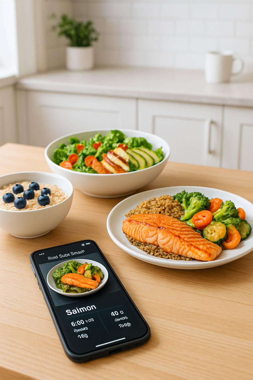 A smartphone displaying the SnapEat AI nutrition tracker app analyzing a plate of salmon and vegetables.