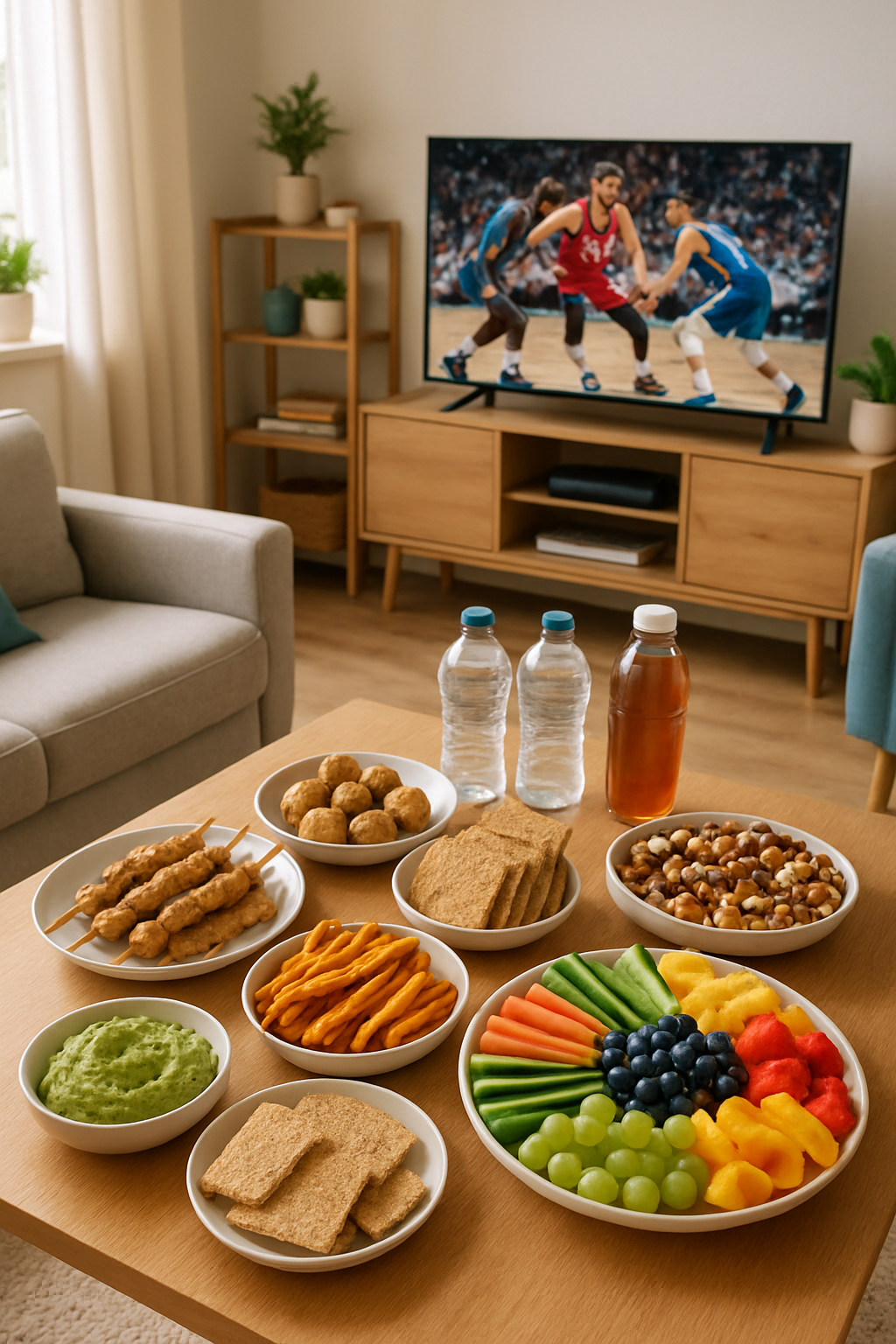 A healthy game day nutrition spread with guacamole, veggie sticks, and grilled skewers, representing smart food choices.