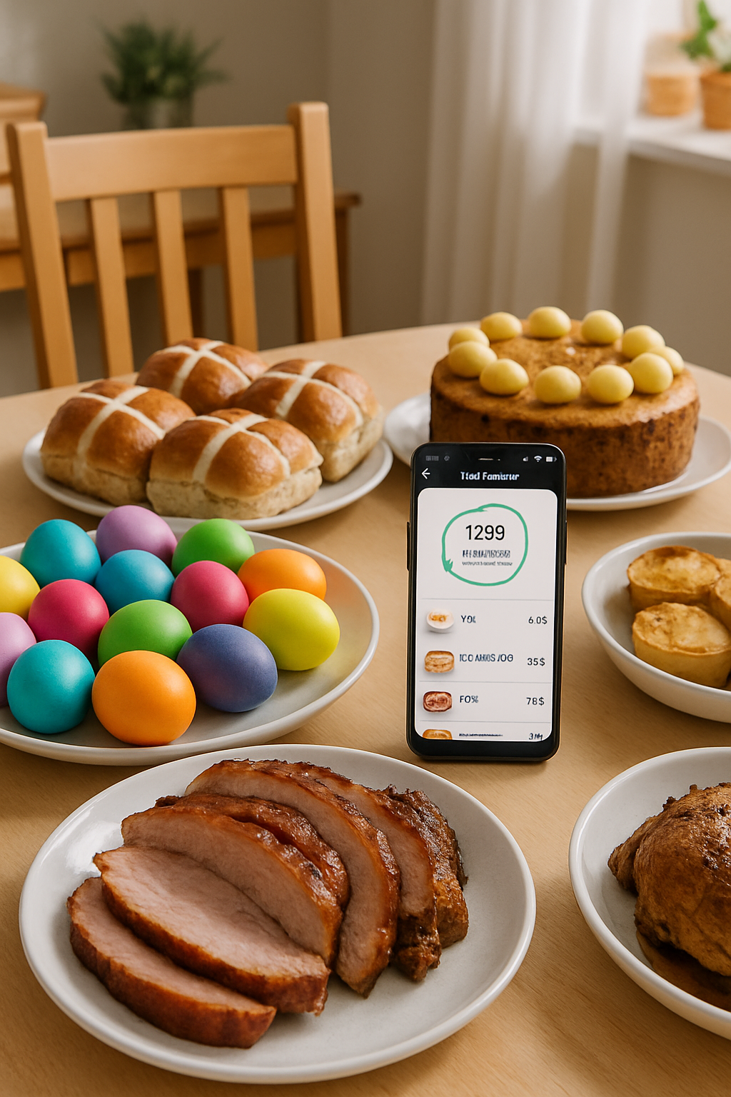 Smartphone displaying the SnapEat AI food tracker app analyzing a healthy Easter dinner plate with turkey and vegetables.