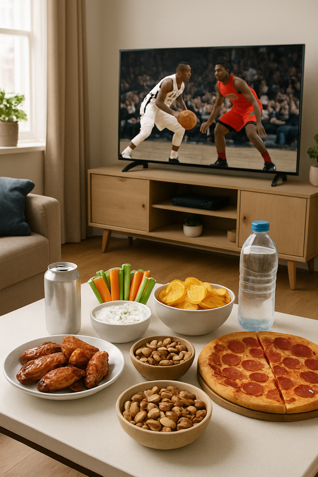 A smartphone displaying the SnapEat AI app, analyzing a plate of March Madness game day snacks including wings and nachos.