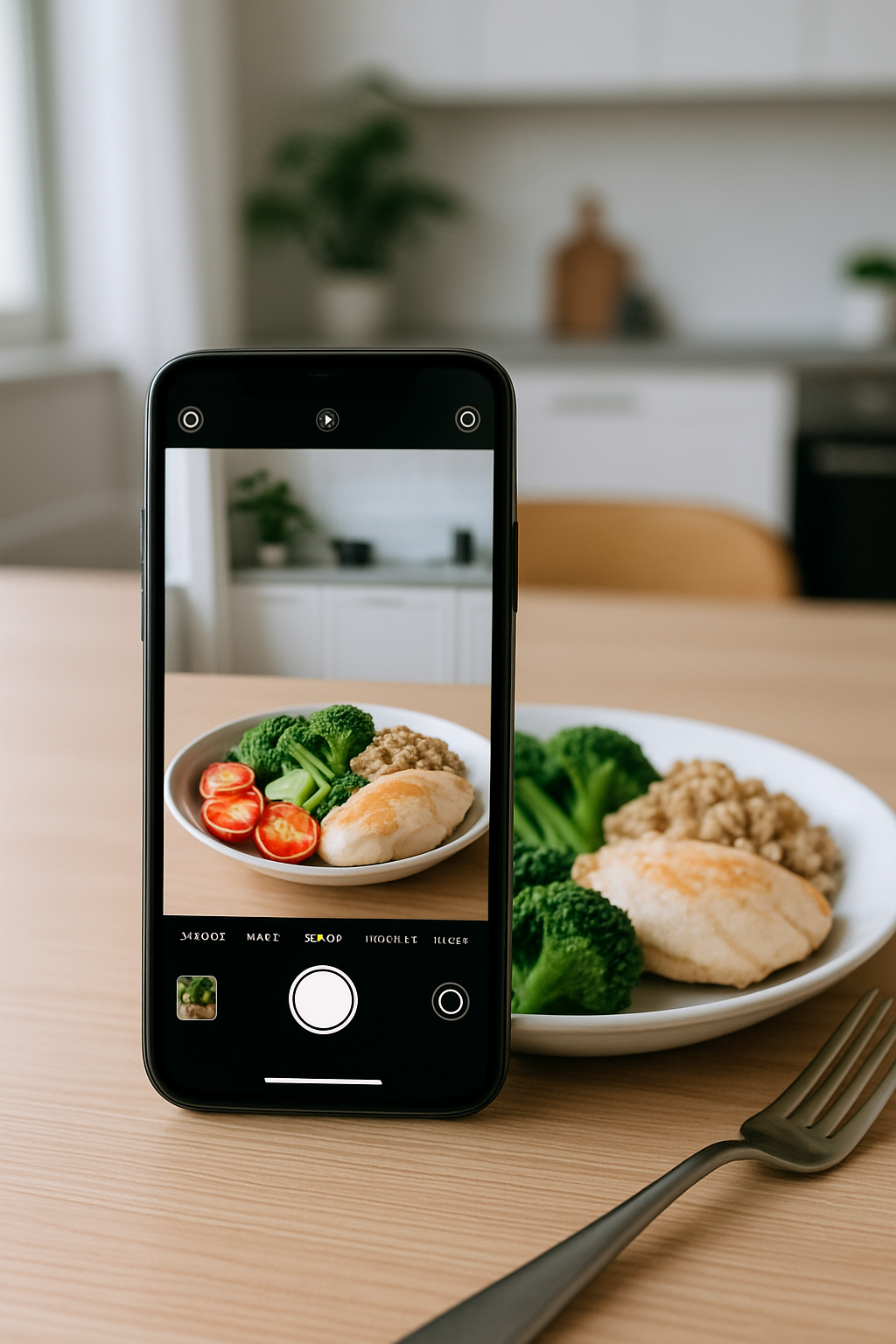 A smartphone screen showing the SnapEat AI food tracker app identifying items in a healthy meal.