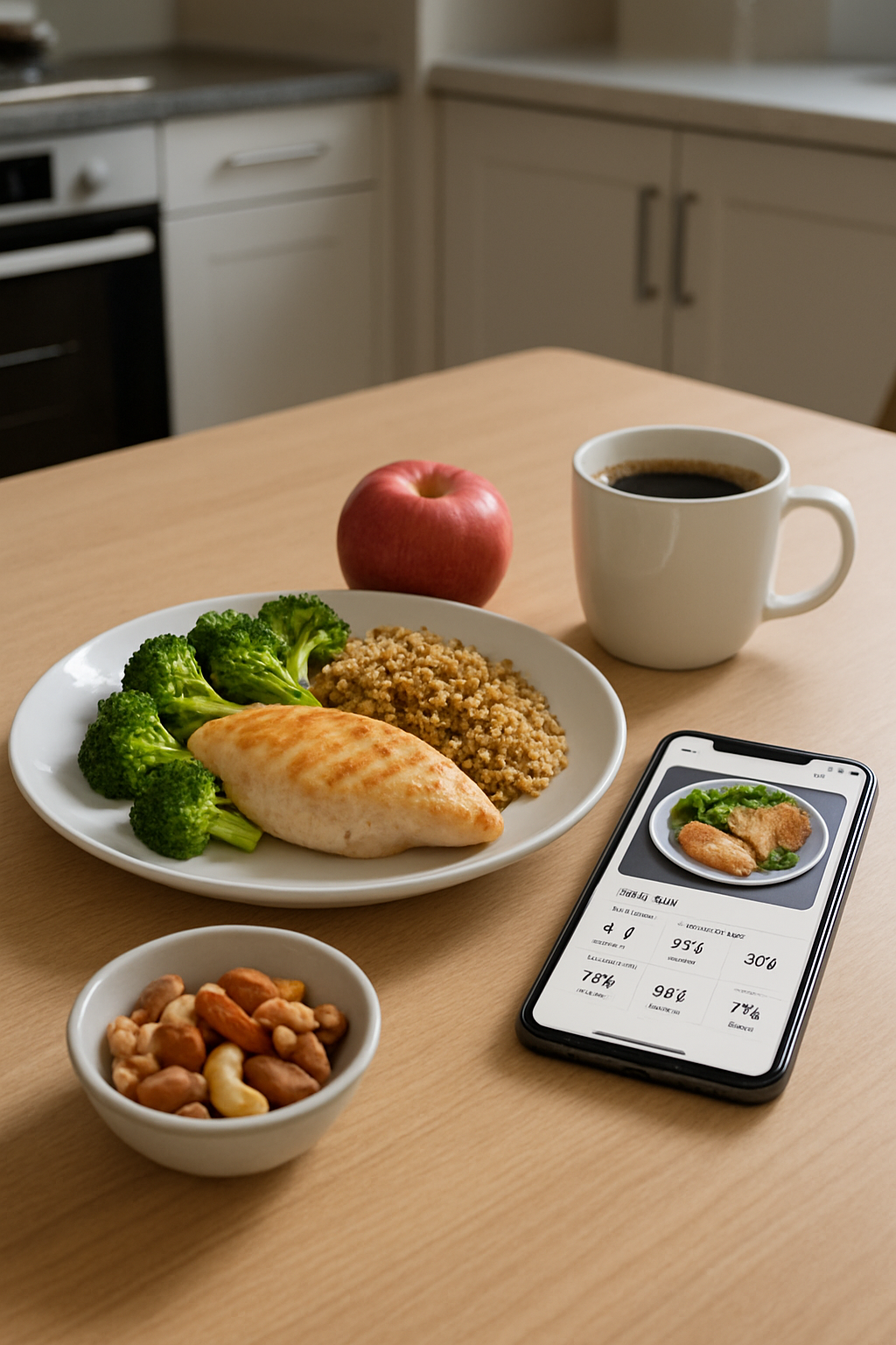 A smartphone showing the SnapEat AI smart food tracker analyzing a photo of a healthy meal with chicken and vegetables.