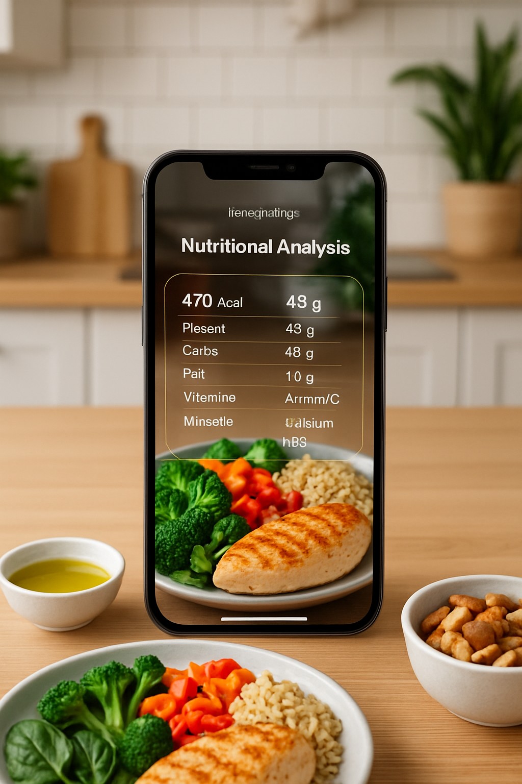 A healthy salad on a plate being analyzed by the SnapEat AI food tracking app on a smartphone.