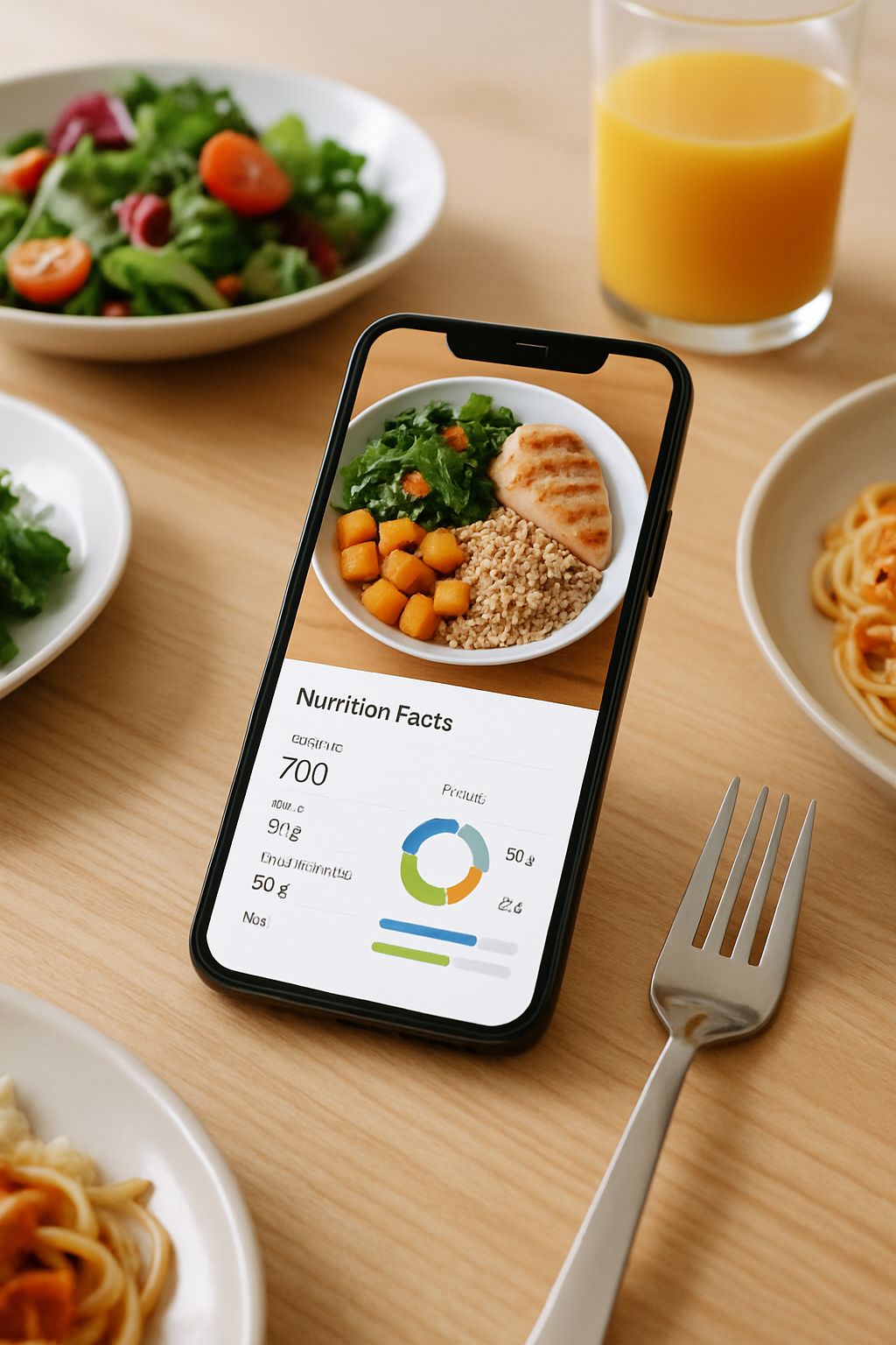 Smartphone showing the SnapEat AI nutrition tracker app analyzing a photo of a healthy meal with salmon and vegetables.