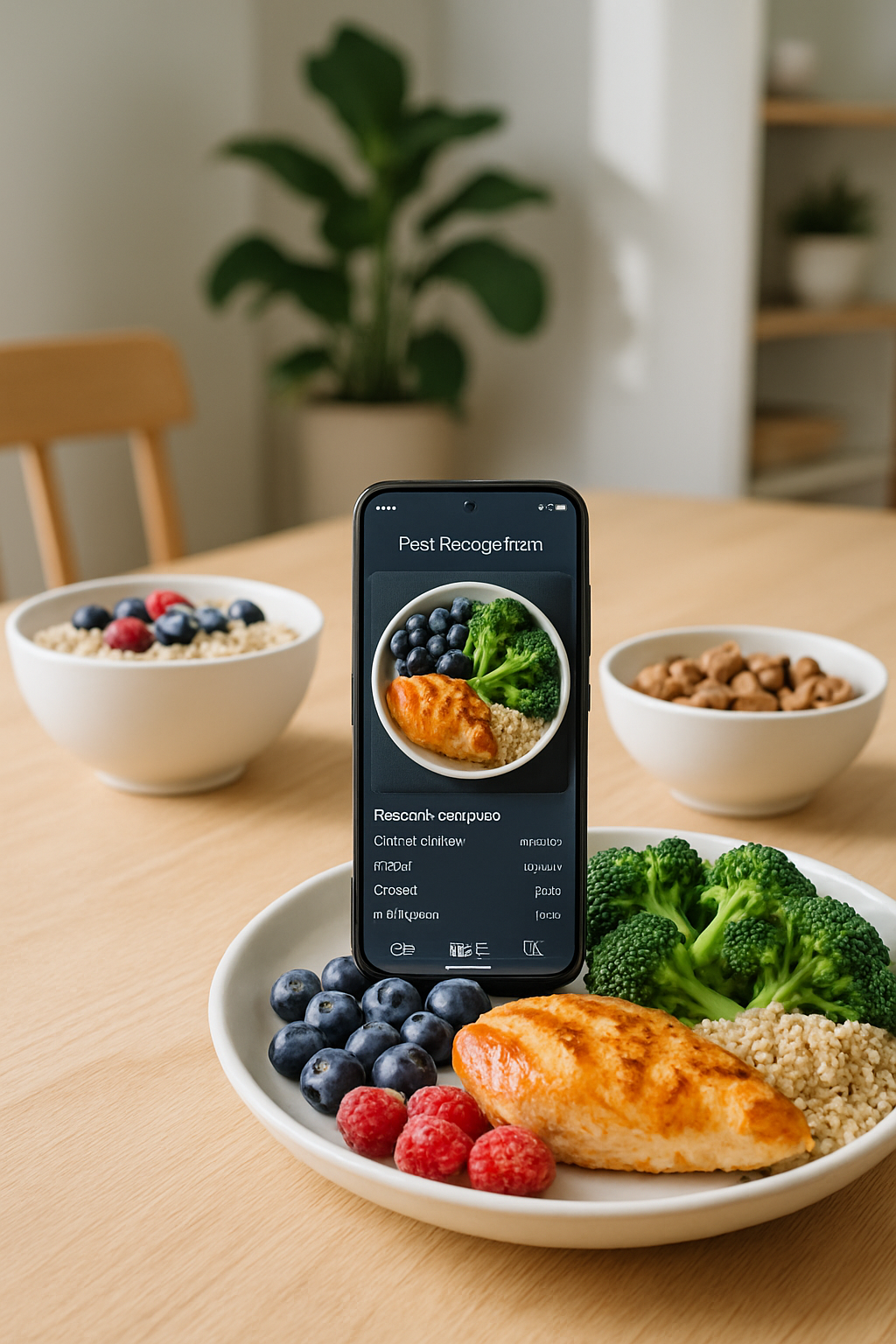 Smartphone showing the SnapEat AI food tracker app analyzing a healthy meal, embodying the principles of Long Island Ducks nutrition.