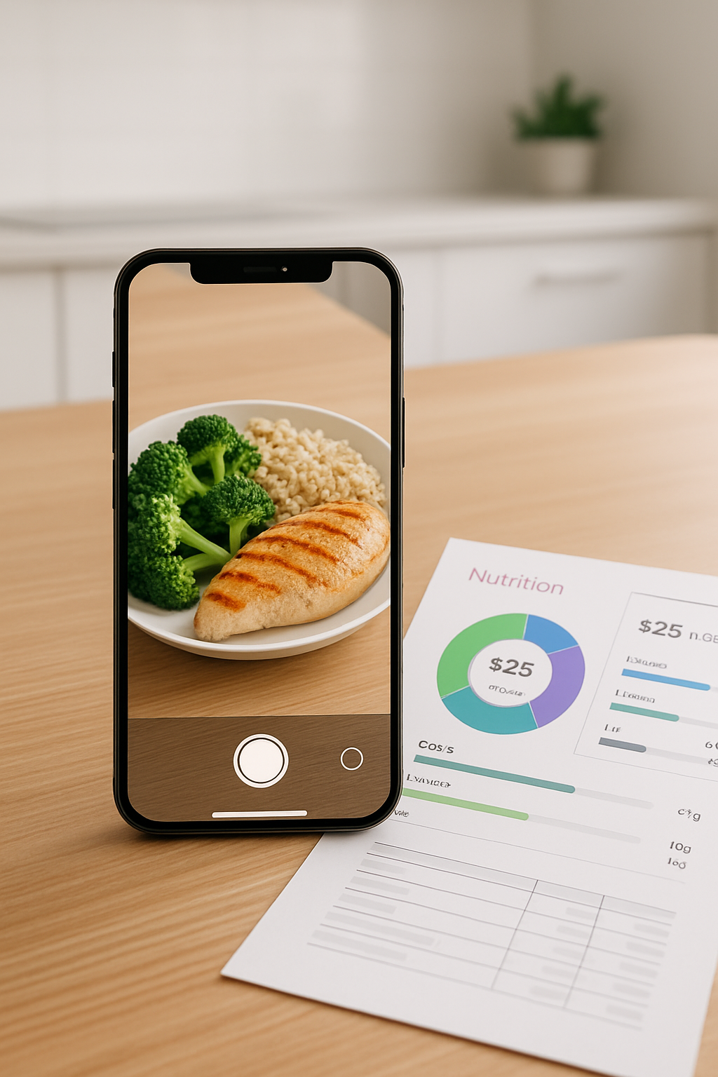 A smartphone displaying the SnapEat AI calorie counter app analyzing a photo of a healthy meal.