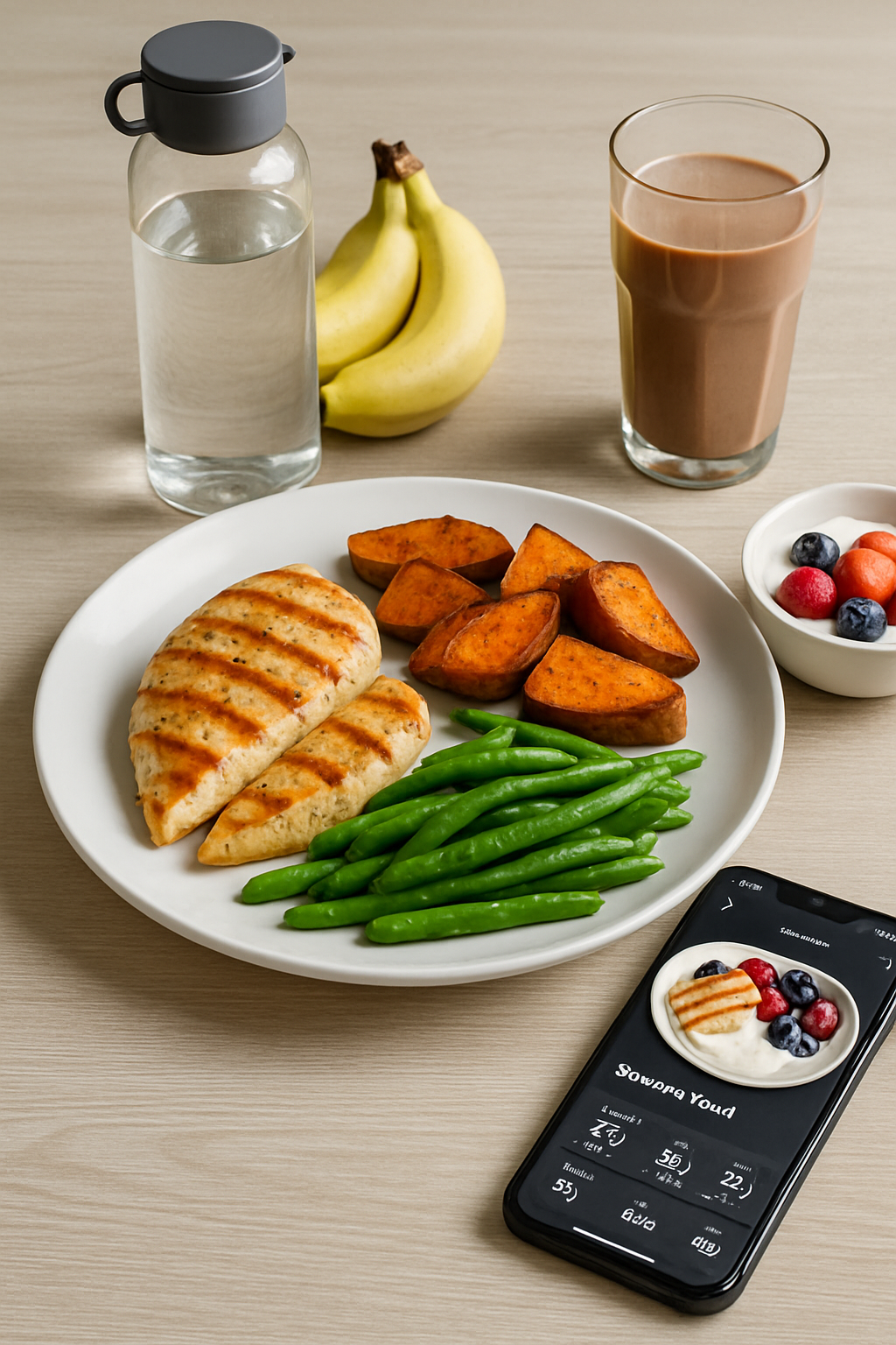 A healthy sports nutrition meal of chicken and sweet potatoes with the SnapEat AI meal tracker app interface overlayed, showing macro analysis.