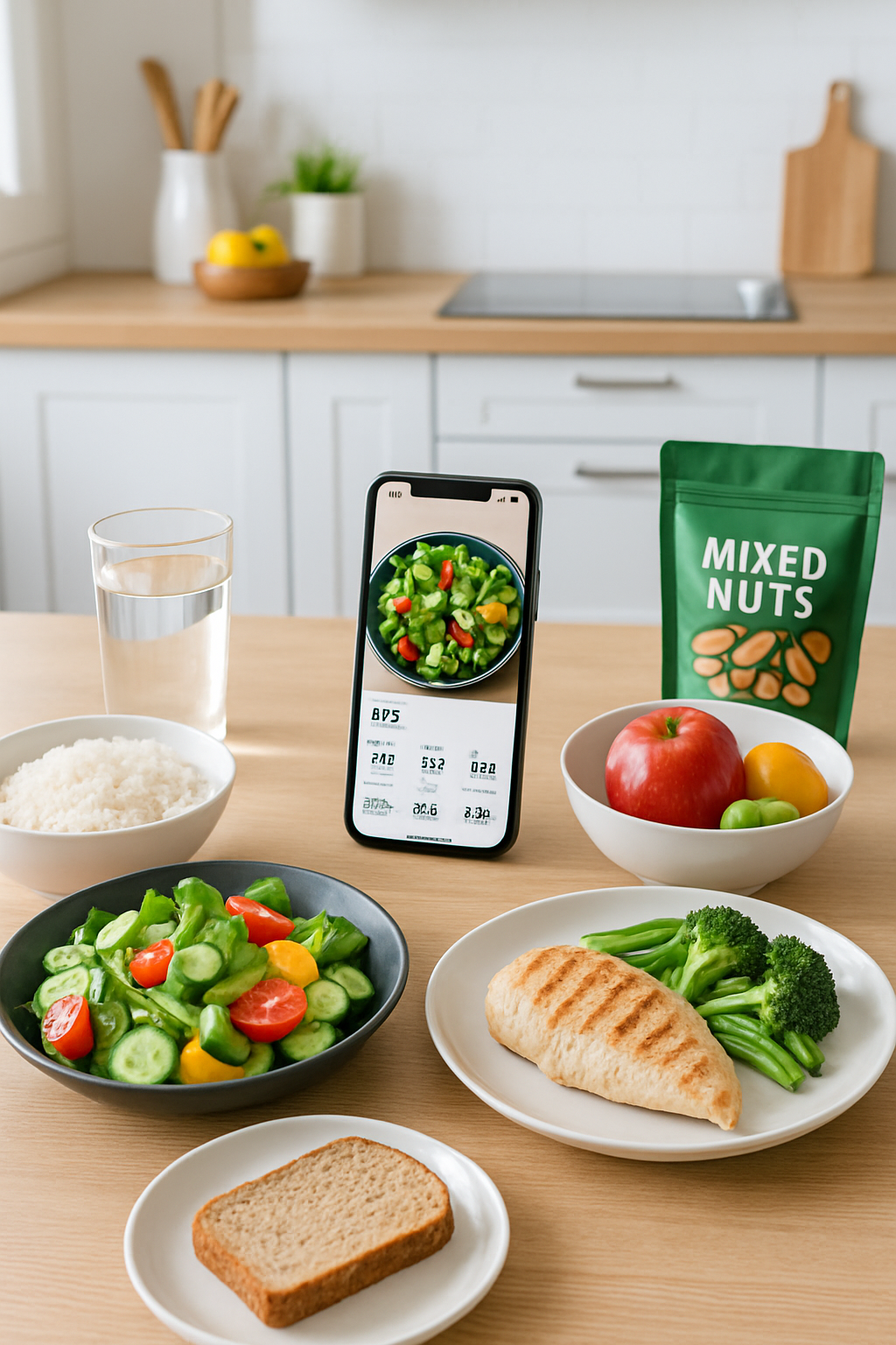 A smartphone using the SnapEat AI food tracker app to analyze the nutrition of a healthy meal by photo.