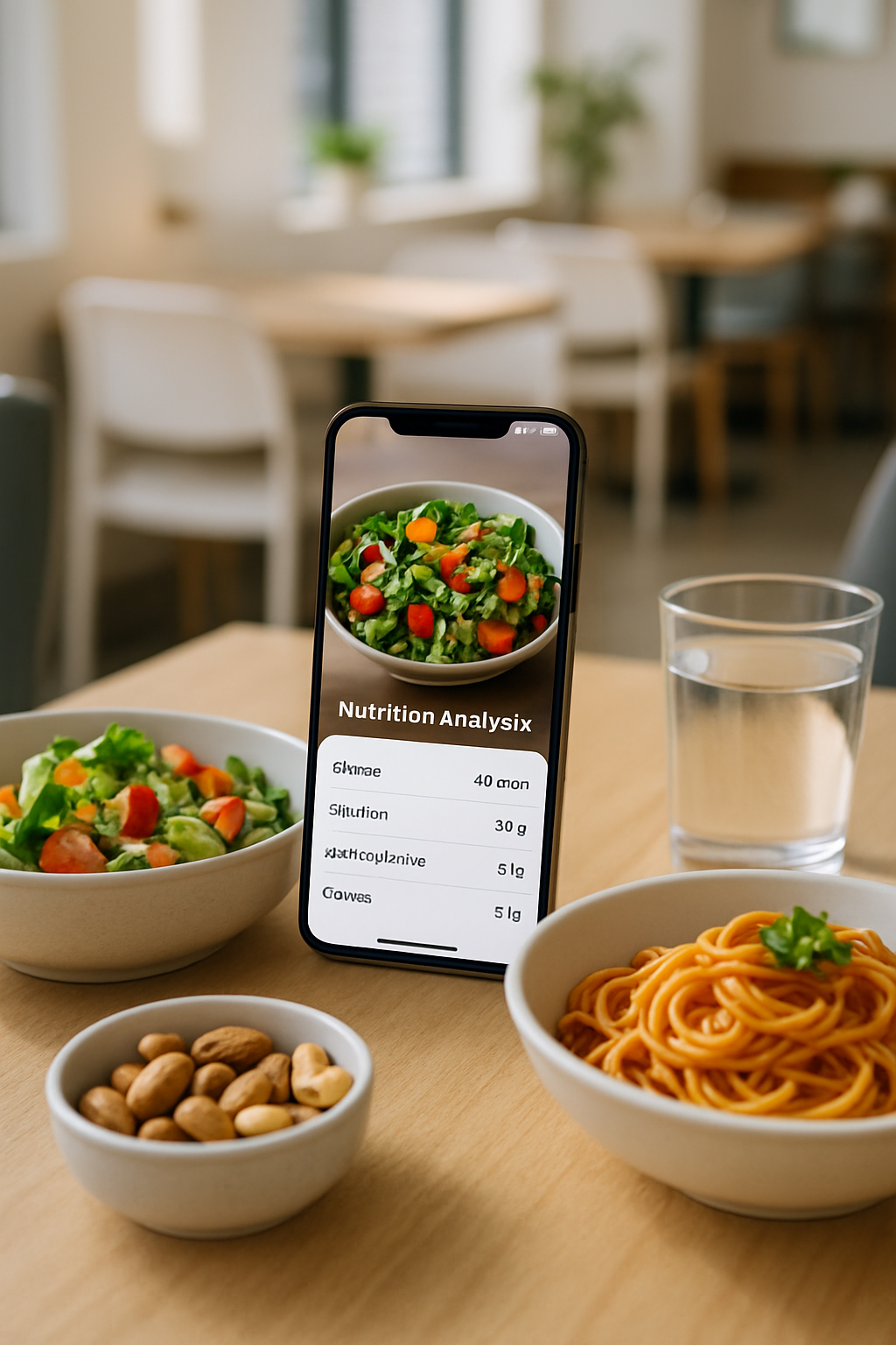 A smartphone displaying the SnapEat AI app interface analyzing a photo of a healthy meal, demonstrating the smart nutrition coach.