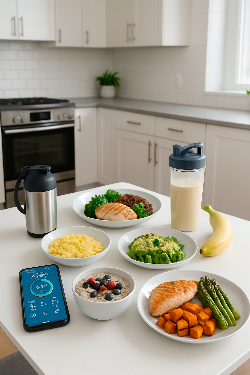 A balanced athlete's meal of salmon and vegetables next to a phone running the SnapEat AI nutrition tracker app.