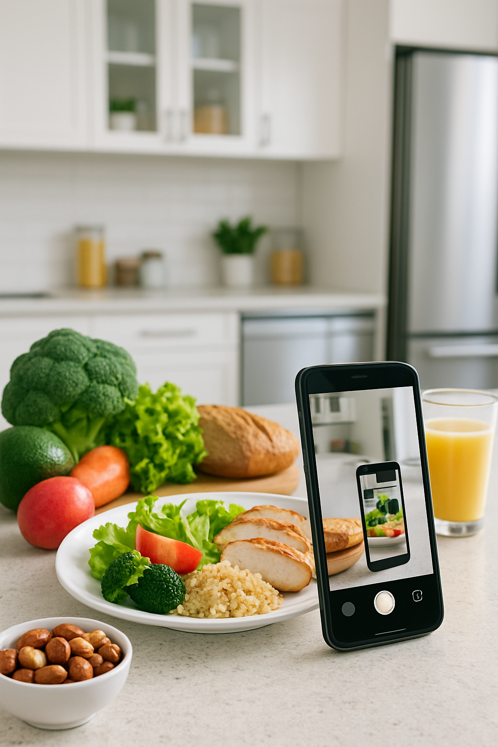 A smartphone displaying the SnapEat AI nutrition app, analyzing a photo of a healthy meal.