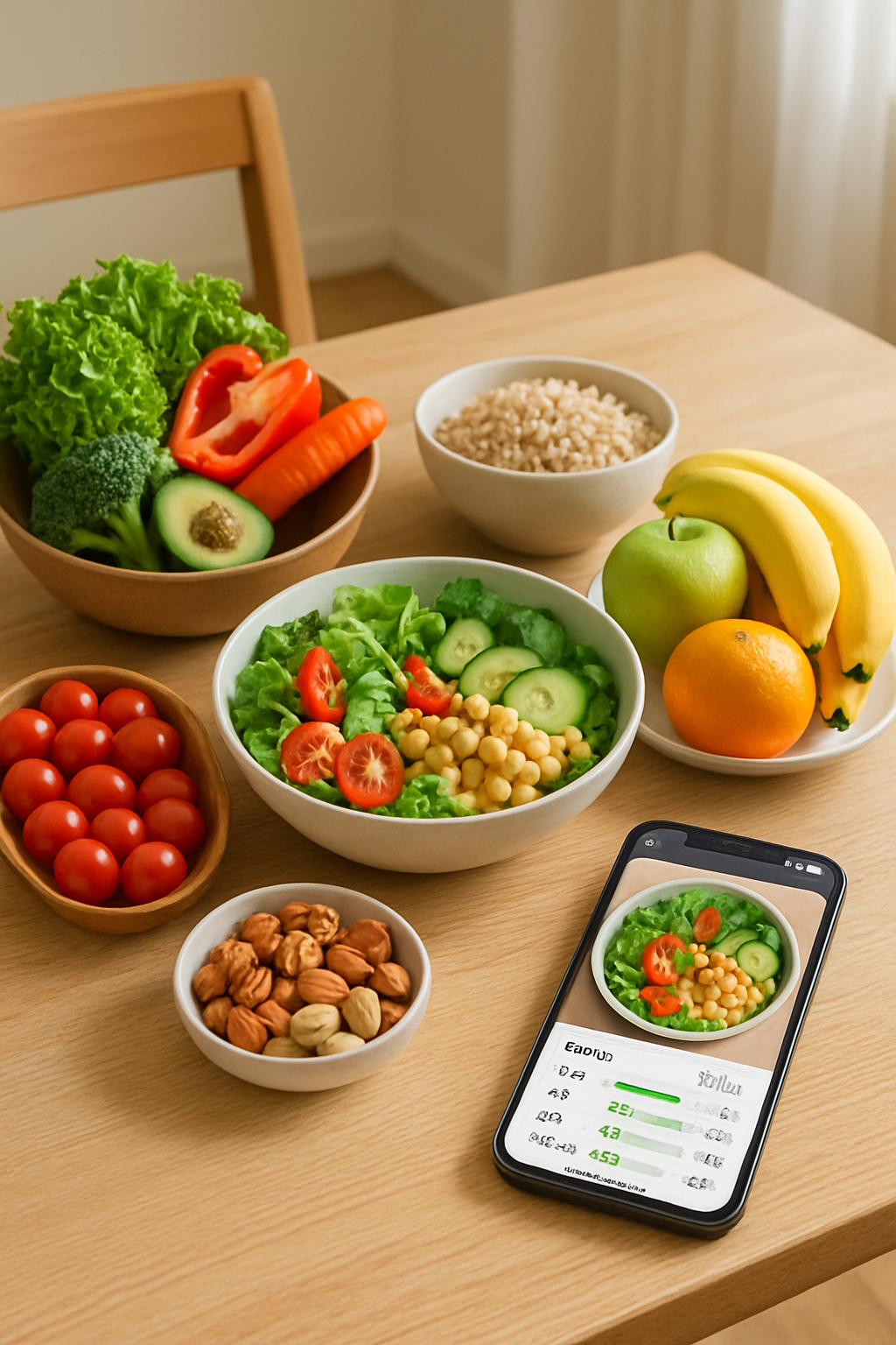 A person practicing mindful eating by using the SnapEat AI photo food journal app on their phone before eating a healthy meal.