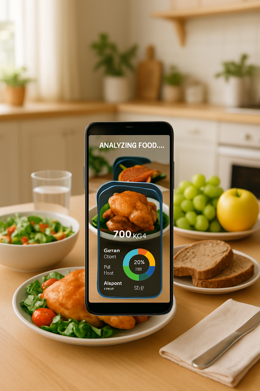 Busy mom using the SnapEat AI food tracking app on her smartphone to analyze the nutrition of a healthy meal.