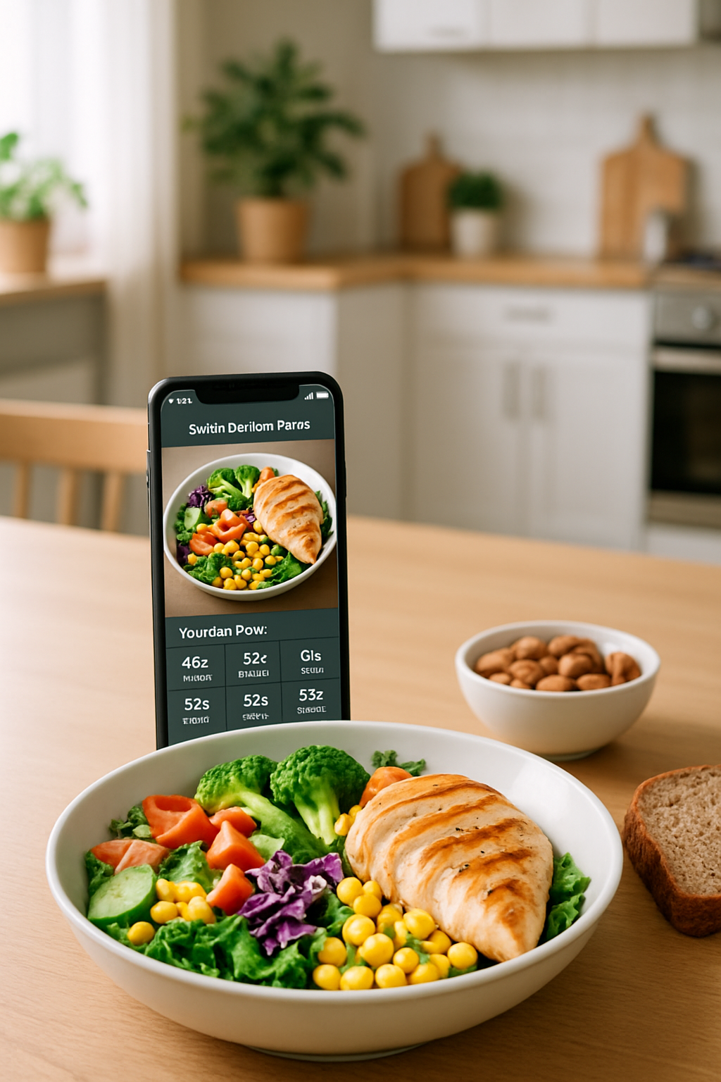 A smartphone displaying the SnapEat AI app interface next to a healthy meal, demonstrating the food recognition calorie tracker for the #solleon challenge.