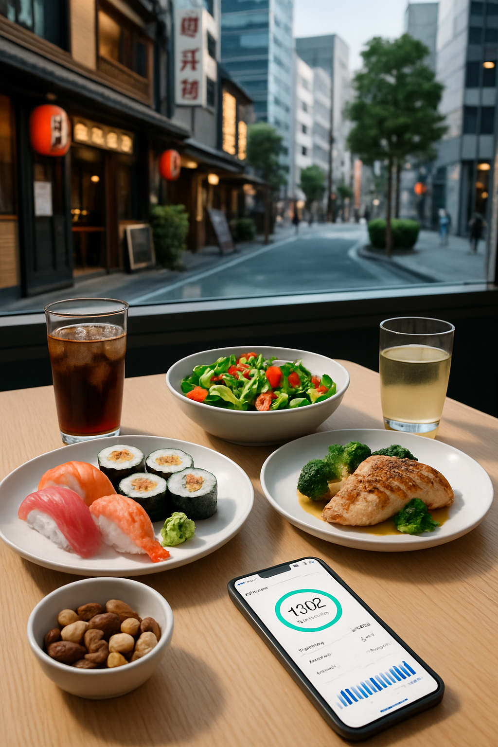 A smartphone displays the PhotoCalorie AI calorie counter interface after analyzing a photo of a healthy salmon and vegetable meal.
