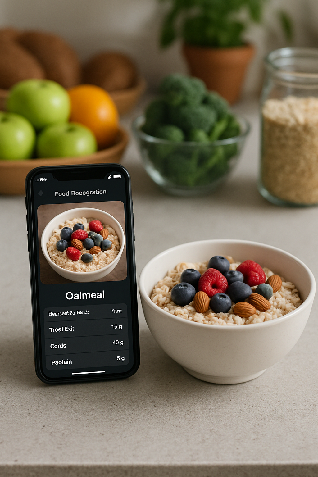 A smartphone displaying the SnapEat AI smart calorie counter interface, analyzing a picture of a healthy meal to provide nutritional data.