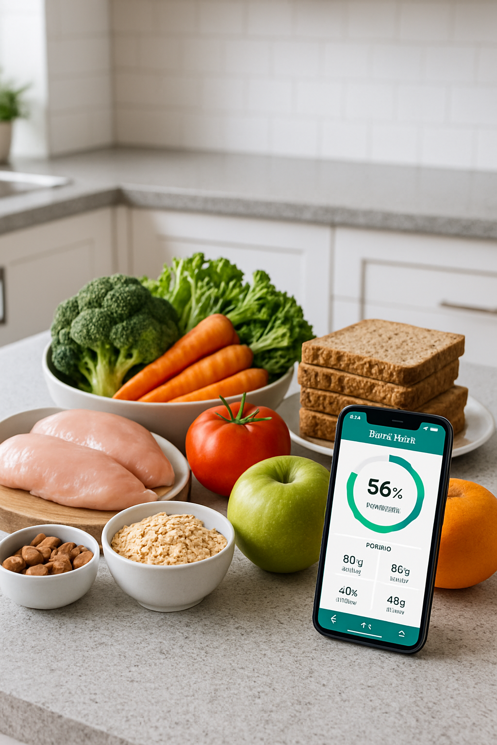 A smartphone displaying the SnapEat AI app interface, showing a photo of a healthy meal being analyzed for its nutritional content.