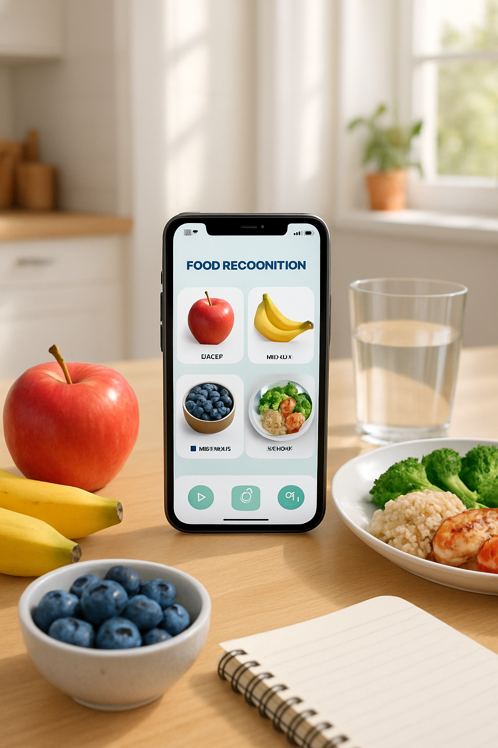 A smartphone running the SnapEat AI smart food tracking app, analyzing a photo of a healthy meal with fruits and vegetables.