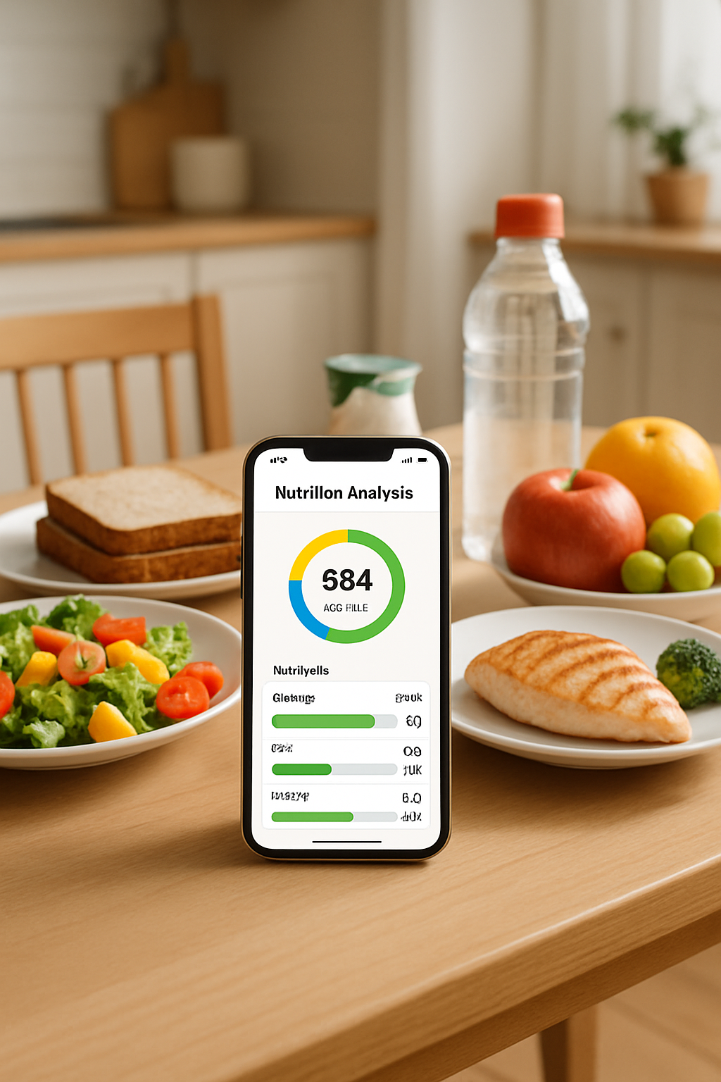A smartphone displaying the SnapEat AI app interface, showing a nutritional breakdown of a meal next to a photo of the food.