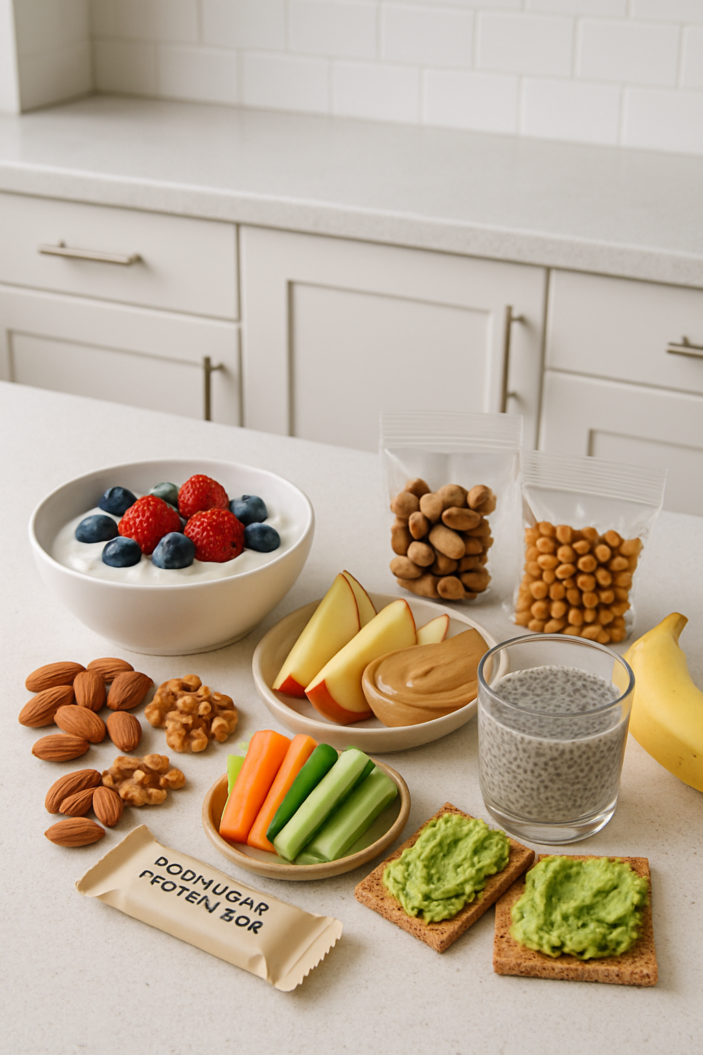 A colorful arrangement of healthy snacks including Greek yogurt, berries, nuts, an apple with peanut butter, and carrot sticks with hummus.
