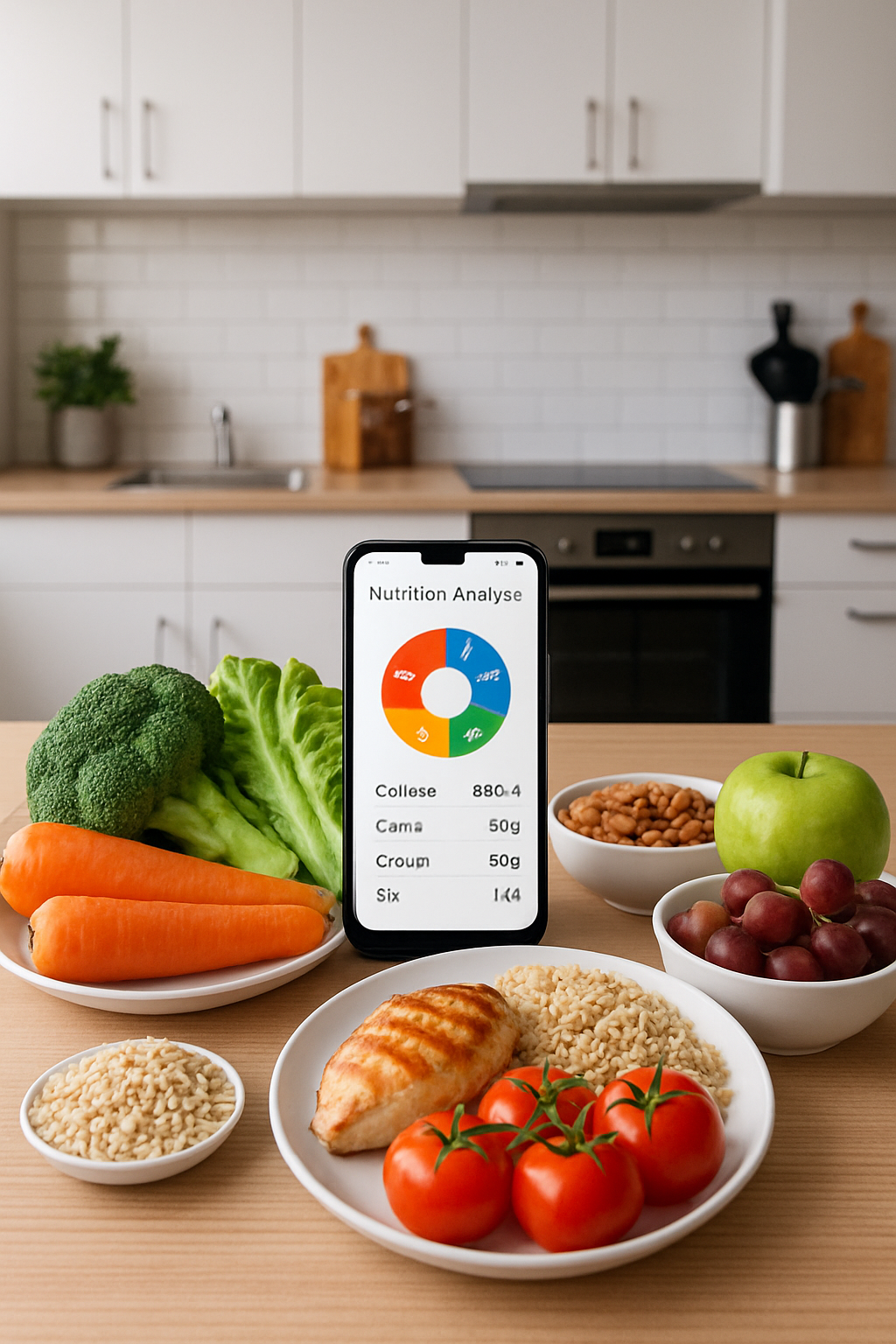 Smartphone showing the SnapEat AI nutrition coach app analyzing a healthy meal of salmon and vegetables.