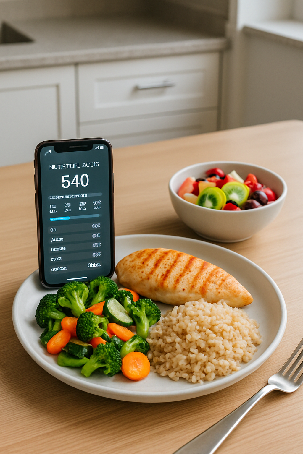 A user holding a phone with the SnapEat AI calorie tracker app, analyzing a healthy meal of chicken and vegetables