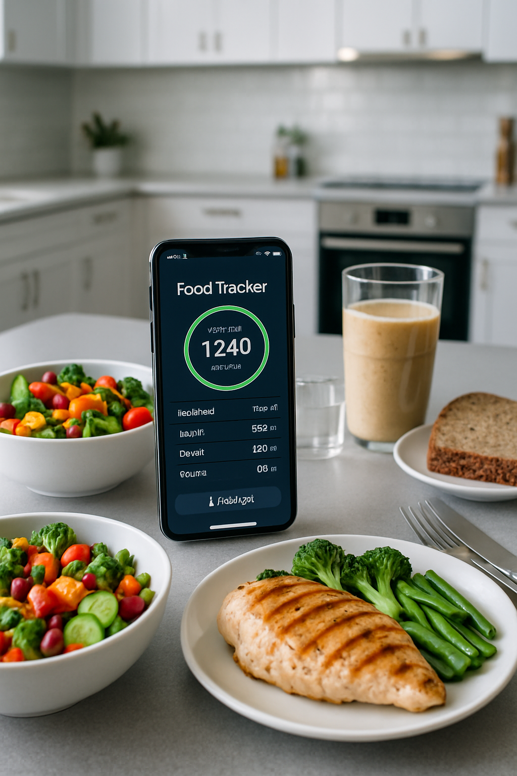 A smartphone displaying the SnapEat AI smart food tracker app interface, analyzing a photo of a healthy meal with nutritional data overlays.