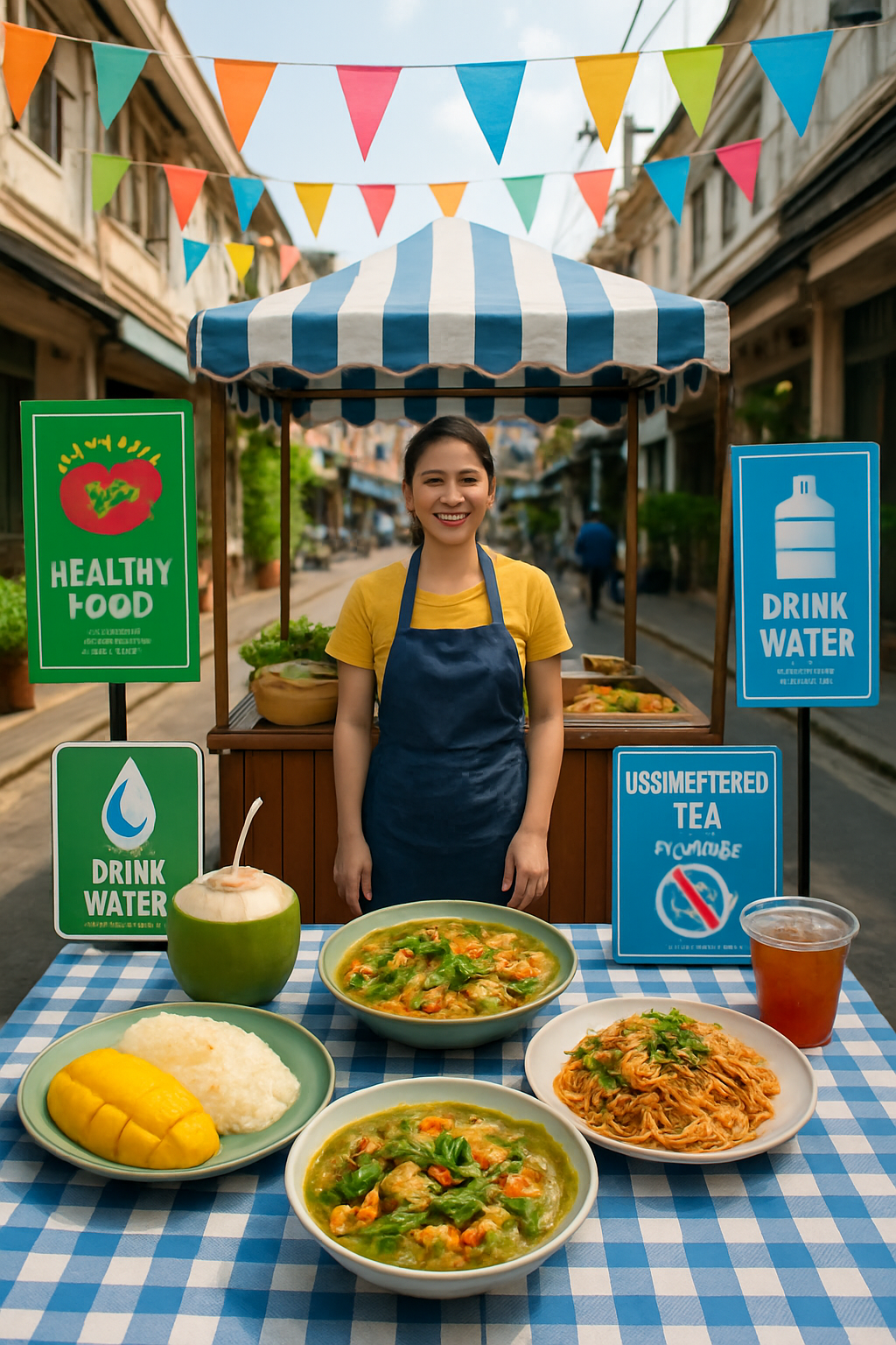 A person using the SnapEat AI app on their phone to scan a plate of Mango Sticky Rice during the Songkran festival.