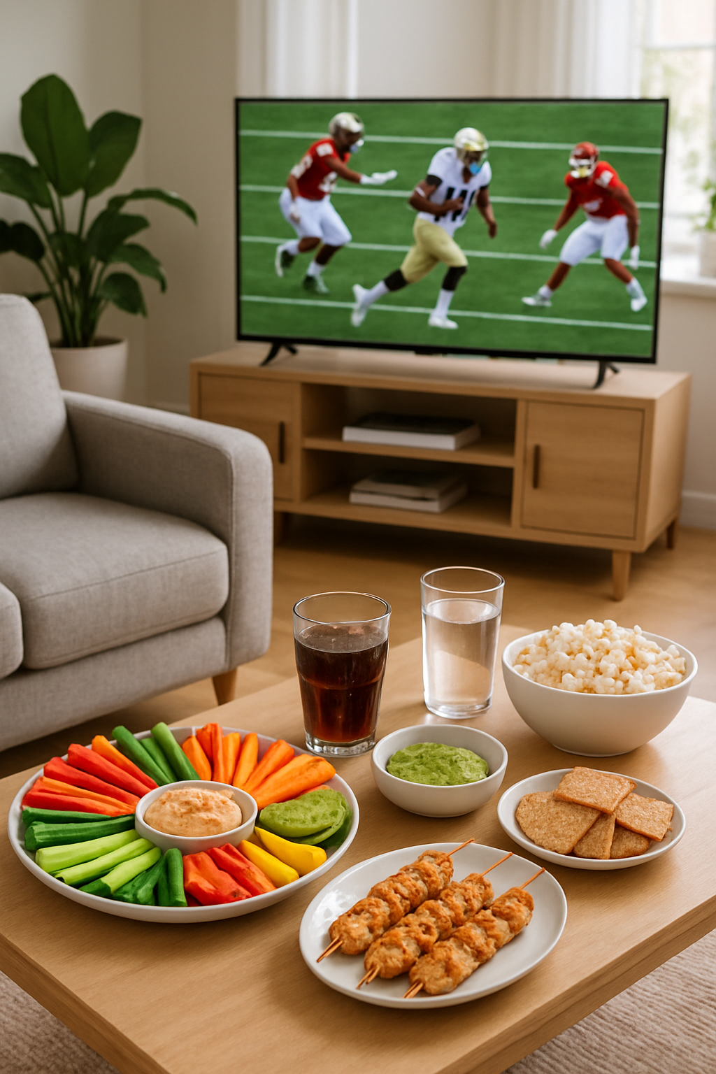 A healthy spread of game day snacks including a veggie platter with hummus, chicken skewers, and guacamole for Monday Night Football.