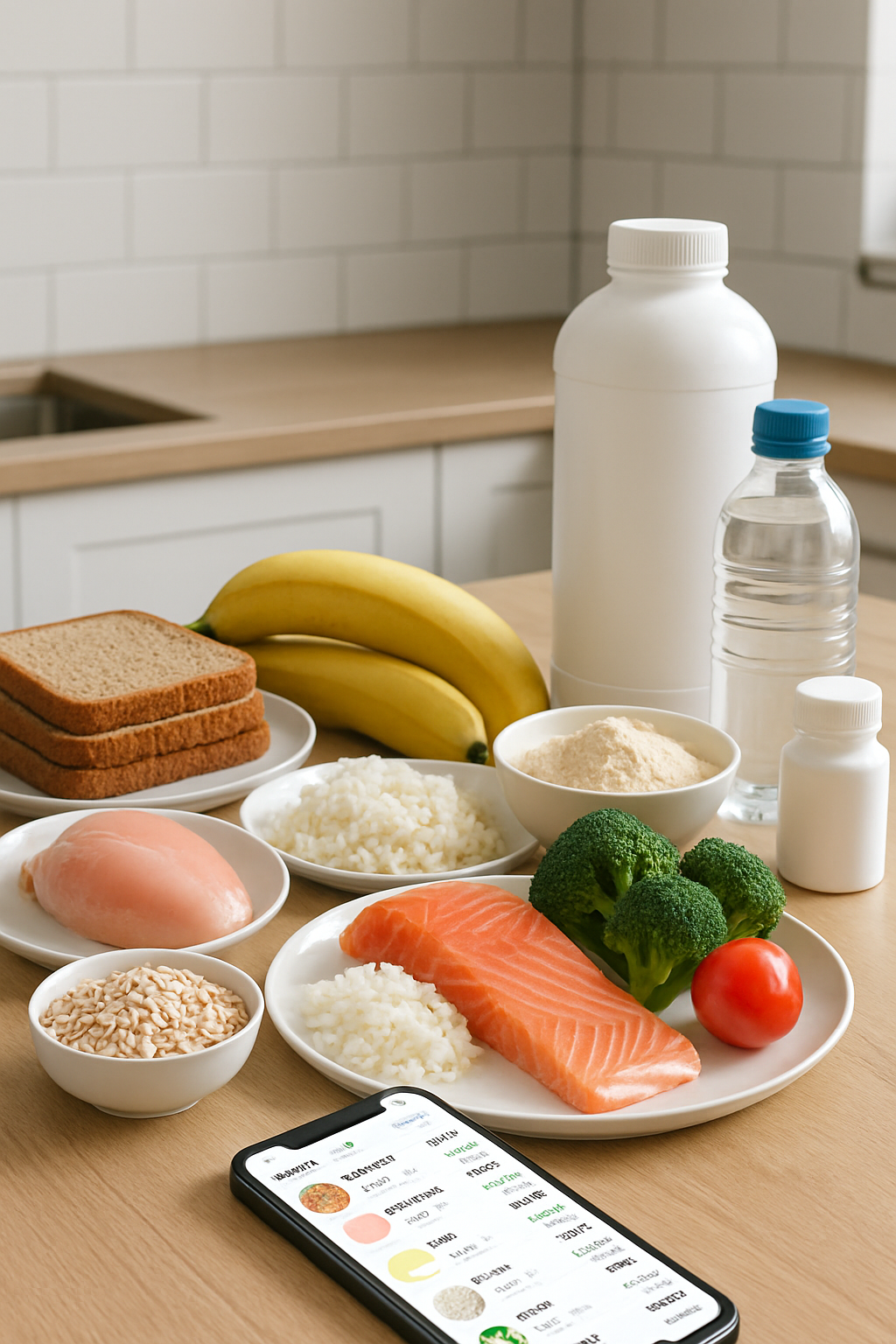 A detailed hockey nutrition plan on a tablet next to a healthy meal, demonstrating the use of an AI meal tracker app.